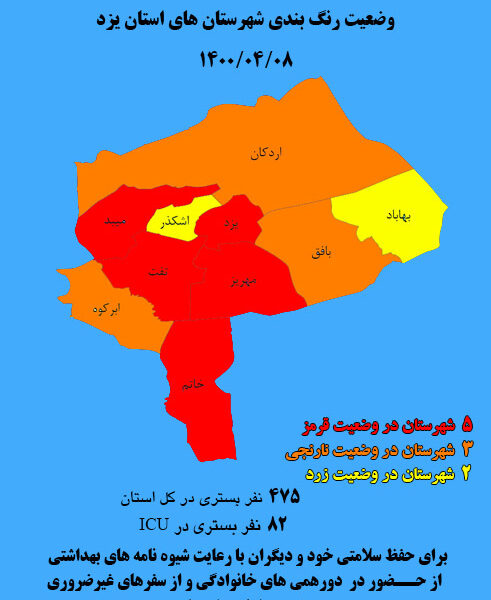 کرونا رنگ نیمی از ۱۰ شهرستان یزد را قرمز کرد