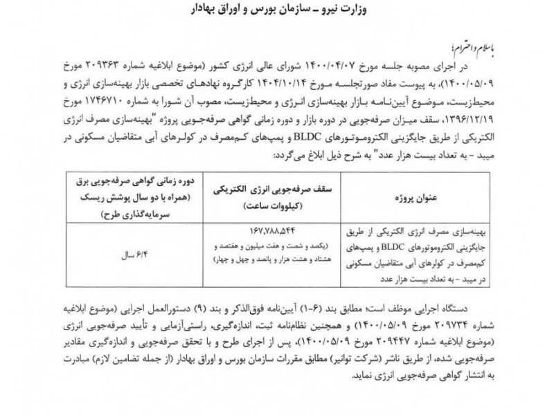 تصویب طرح پیشنهادی شهرک صنعتی جهان آباد میبد جهت بهره وری بیش از ۱۶۷ میلیون کیلووات ساعت انرژی توسط سازمان ساتبا